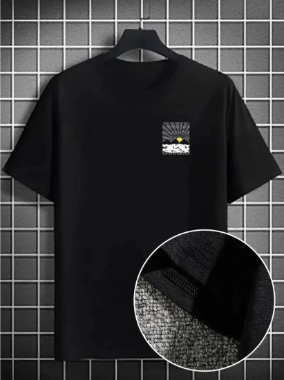 Erkek Dağ Grafikli Tişört, Yaz Için Büyük Beden Rahat T-shirt - Siyah resmi
